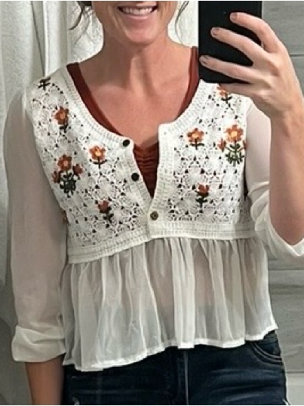 Embroidered White Peasant Blouse - Floral Detail
